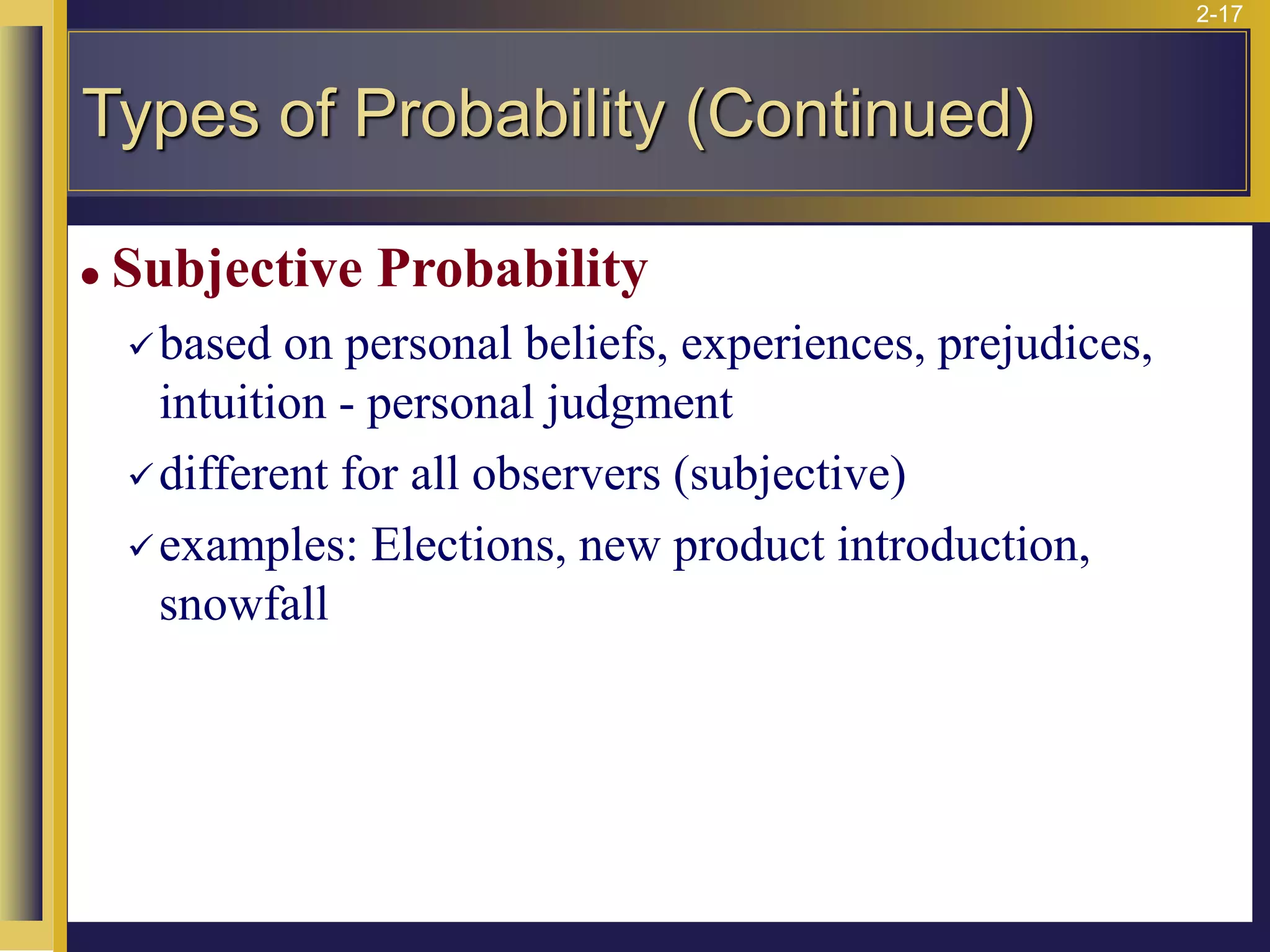 2-17
Types of Probability (Continued)
⚫ Subjective Probability
✓based on personal beliefs, experiences, prejudices,
intuition - personal judgment
✓different for all observers (subjective)
✓examples: Elections, new product introduction,
snowfall
 