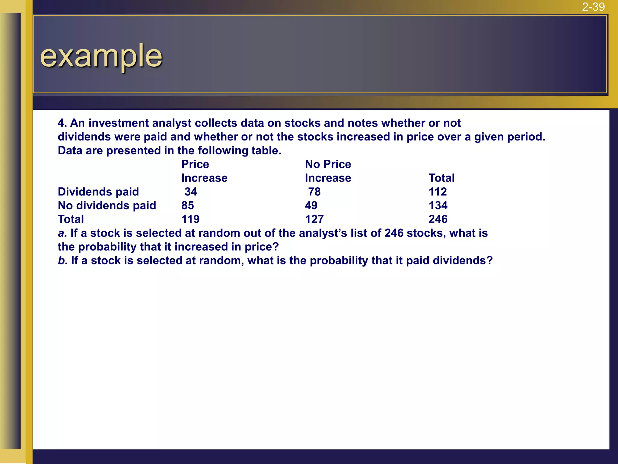 2-39
example
4. An investment analyst collects data on stocks and notes whether or not
dividends were paid and whether or not the stocks increased in price over a given period.
Data are presented in the following table.
Price No Price
Increase Increase Total
Dividends paid 34 78 112
No dividends paid 85 49 134
Total 119 127 246
a. If a stock is selected at random out of the analyst’s list of 246 stocks, what is
the probability that it increased in price?
b. If a stock is selected at random, what is the probability that it paid dividends?
 