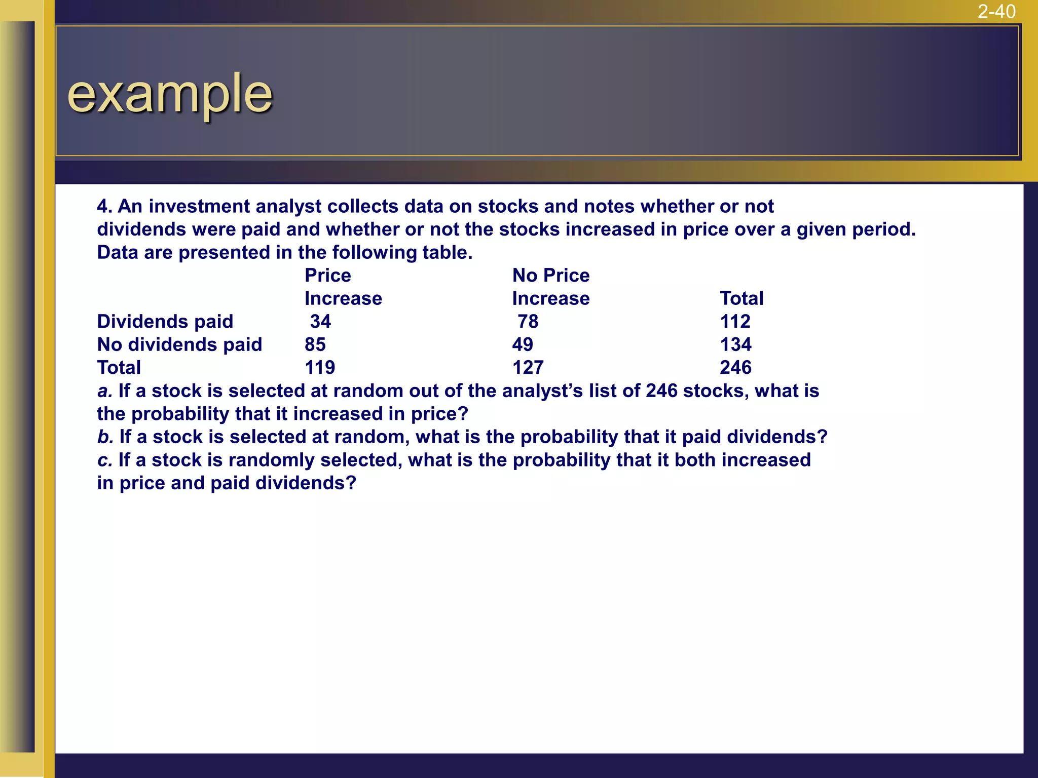 2-40
example
4. An investment analyst collects data on stocks and notes whether or not
dividends were paid and whether or not the stocks increased in price over a given period.
Data are presented in the following table.
Price No Price
Increase Increase Total
Dividends paid 34 78 112
No dividends paid 85 49 134
Total 119 127 246
a. If a stock is selected at random out of the analyst’s list of 246 stocks, what is
the probability that it increased in price?
b. If a stock is selected at random, what is the probability that it paid dividends?
c. If a stock is randomly selected, what is the probability that it both increased
in price and paid dividends?
 