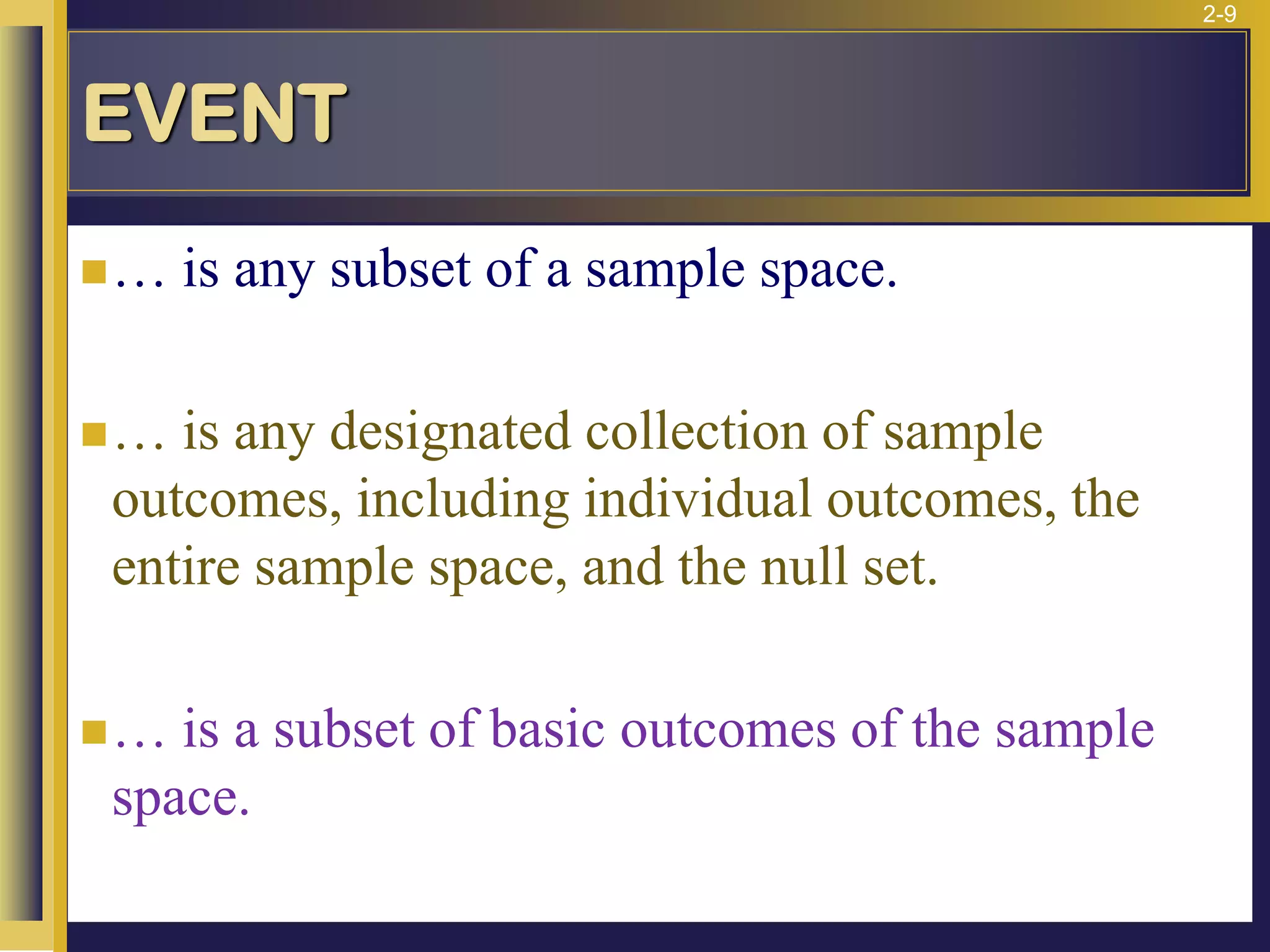 2-9
EVENT
◼… is any subset of a sample space.
◼… is any designated collection of sample
outcomes, including individual outcomes, the
entire sample space, and the null set.
◼… is a subset of basic outcomes of the sample
space.
 