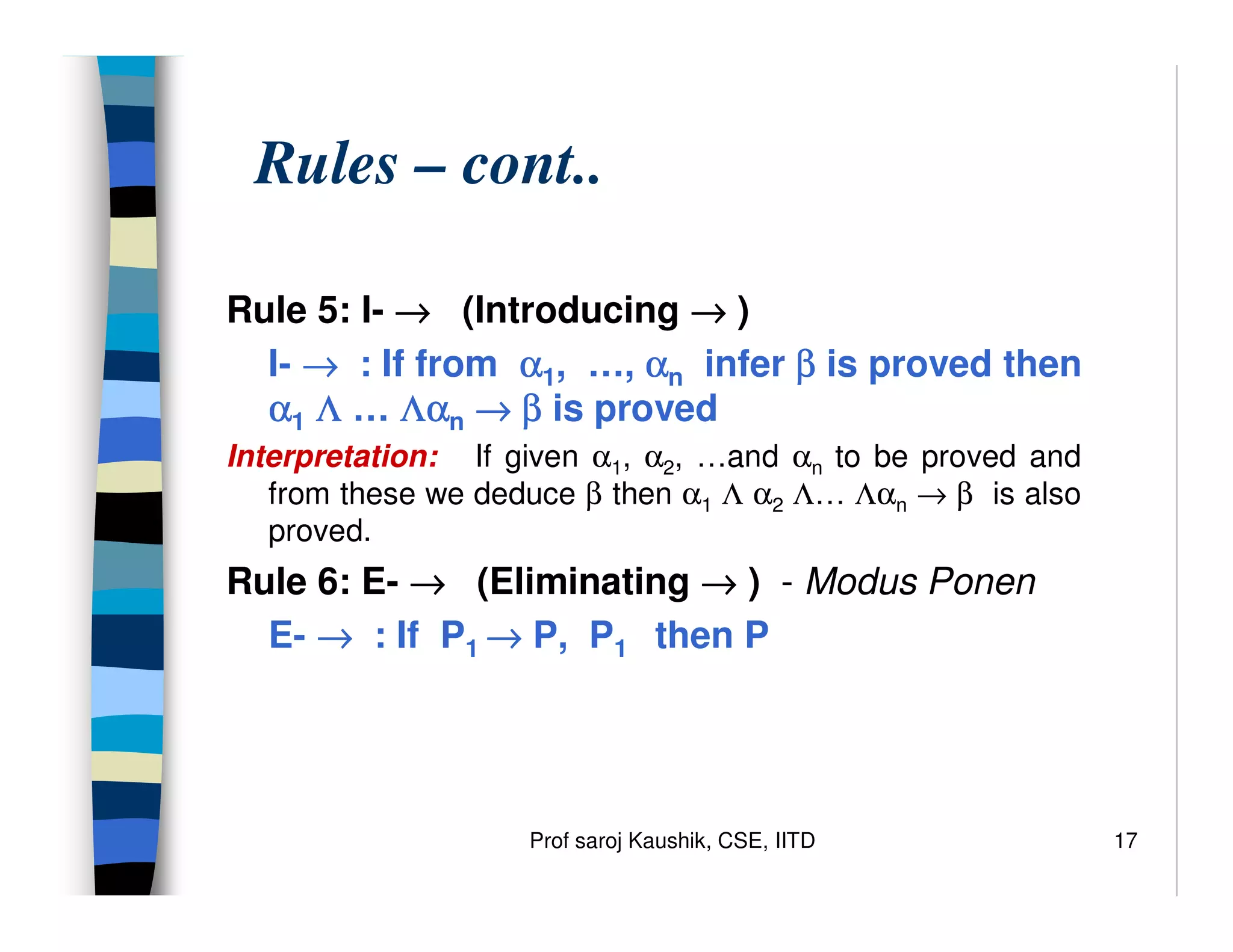 Prof saroj Kaushik, CSE, IITD 17
Rules – cont..
Rule 5: I- →
→
→
→ (Introducing →
→
→
→ )
I- →
→
→
→ : If from α
α
α
α1, …, α
α
α
αn infer β
β
β
β is proved then
α
α
α
α1 Λ
Λ
Λ
Λ … Λα
Λα
Λα
Λαn →
→
→
→ β
β
β
β is proved
Interpretation: If given α1, α2, …and αn to be proved and
from these we deduce β then α1 Λ α2 Λ… Λαn → β is also
proved.
Rule 6: E- →
→
→
→ (Eliminating →
→
→
→ ) - Modus Ponen
E- →
→
→
→ : If P1 →
→
→
→ P, P1 then P
 