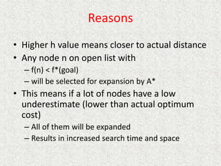 Reasons
• Higher h value means closer to actual distance
• Any node n on open list with
– f(n) < f*(goal)
– will be selected for expansion by A*
• This means if a lot of nodes have a low
underestimate (lower than actual optimum
cost)
– All of them will be expanded
– Results in increased search time and space
 