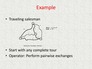 Example
• Traveling salesman
• Start with any complete tour
• Operator: Perform pairwise exchanges
 