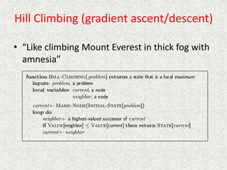 Hill Climbing (gradient ascent/descent)
• “Like climbing Mount Everest in thick fog with
amnesia”
 