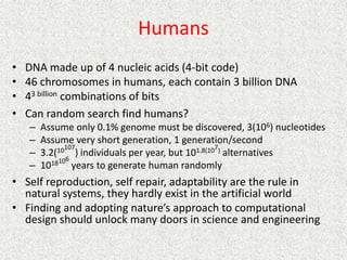 Humans
• DNA made up of 4 nucleic acids (4-bit code)
• 46 chromosomes in humans, each contain 3 billion DNA
• 43 billion combinations of bits
• Can random search find humans?
– Assume only 0.1% genome must be discovered, 3(106) nucleotides
– Assume very short generation, 1 generation/second
– 3.2(10107
) individuals per year, but 101.8(107) alternatives
– 1018106
years to generate human randomly
• Self reproduction, self repair, adaptability are the rule in
natural systems, they hardly exist in the artificial world
• Finding and adopting nature’s approach to computational
design should unlock many doors in science and engineering
 