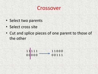 Crossover
• Select two parents
• Select cross site
• Cut and splice pieces of one parent to those of
the other
1 1 1 1 1
0 0 0 0 0
1 1 0 0 0
0 0 1 1 1
 