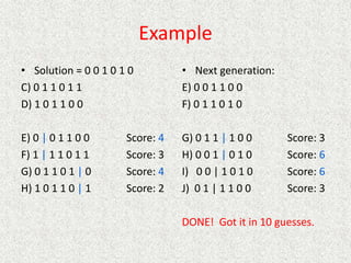 Example
• Solution = 0 0 1 0 1 0
C) 0 1 1 0 1 1
D) 1 0 1 1 0 0
E) 0 | 0 1 1 0 0 Score: 4
F) 1 | 1 1 0 1 1 Score: 3
G) 0 1 1 0 1 | 0 Score: 4
H) 1 0 1 1 0 | 1 Score: 2
• Next generation:
E) 0 0 1 1 0 0
F) 0 1 1 0 1 0
G) 0 1 1 | 1 0 0 Score: 3
H) 0 0 1 | 0 1 0 Score: 6
I) 0 0 | 1 0 1 0 Score: 6
J) 0 1 | 1 1 0 0 Score: 3
DONE! Got it in 10 guesses.
 