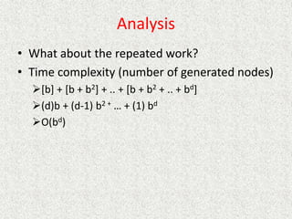 Analysis
• What about the repeated work?
• Time complexity (number of generated nodes)
[b] + [b + b2] + .. + [b + b2 + .. + bd]
(d)b + (d-1) b2 + … + (1) bd
O(bd)
 