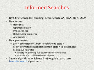 Informed Searches
• Best-first search, Hill climbing, Beam search, A*, IDA*, RBFS, SMA*
• New terms
– Heuristics
– Optimal solution
– Informedness
– Hill climbing problems
– Admissibility
• New parameters
– g(n) = estimated cost from initial state to state n
– h(n) = estimated cost (distance) from state n to closest goal
– h(n) is our heuristic
• Robot path planning, h(n) could be Euclidean distance
• 8 puzzle, h(n) could be #tiles out of place
• Search algorithms which use h(n) to guide search are
heuristic search algorithms
 