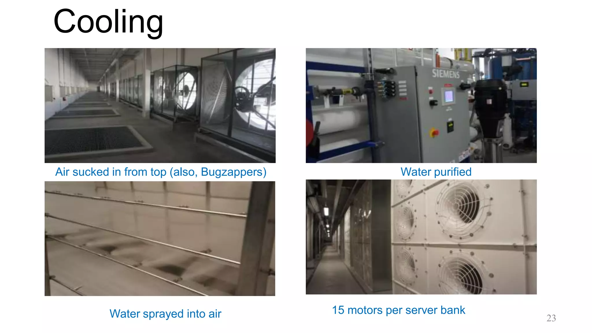 Cooling
Air sucked in from top (also, Bugzappers) Water purified
Water sprayed into air 15 motors per server bank
23
 