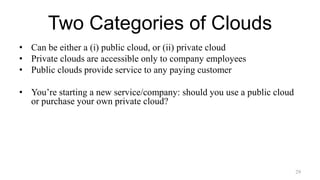 Two Categories of Clouds
• Can be either a (i) public cloud, or (ii) private cloud
• Private clouds are accessible only to company employees
• Public clouds provide service to any paying customer
• You’re starting a new service/company: should you use a public cloud
or purchase your own private cloud?
29
 