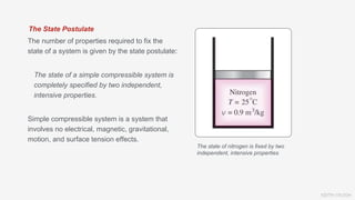 KEITH VAUGH
The state of nitrogen is fixed by two
independent, intensive properties
The State Postulate
The number of properties required to fix the
state of a system is given by the state postulate:
The state of a simple compressible system is
completely specified by two independent,
intensive properties.
Simple compressible system is a system that
involves no electrical, magnetic, gravitational,
motion, and surface tension effects.
 