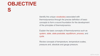 KEITH VAUGH
Identify the unique vocabulary associated with
thermodynamics through the precise definition of basic
concepts to form a sound foundation for the development
of the principles of thermodynamics.
Explain the basic concepts of thermodynamics such as
system, state, state postulate, equilibrium, process, and
cycle.
Review concepts of temperature, temperature scales,
pressure and, absolute and gauge pressure.
OBJECTIVE
S
 