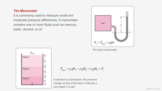 KEITH VAUGH
The Manometer
It is commonly used to measure small and
moderate pressure differences. A manometer
contains one or more fluids such as mercury,
water, alcohol, or oil
The basic manometer
In stacked-up fluid layers, the pressure
change across a fluid layer of density ρ
and height h is ρgh
 