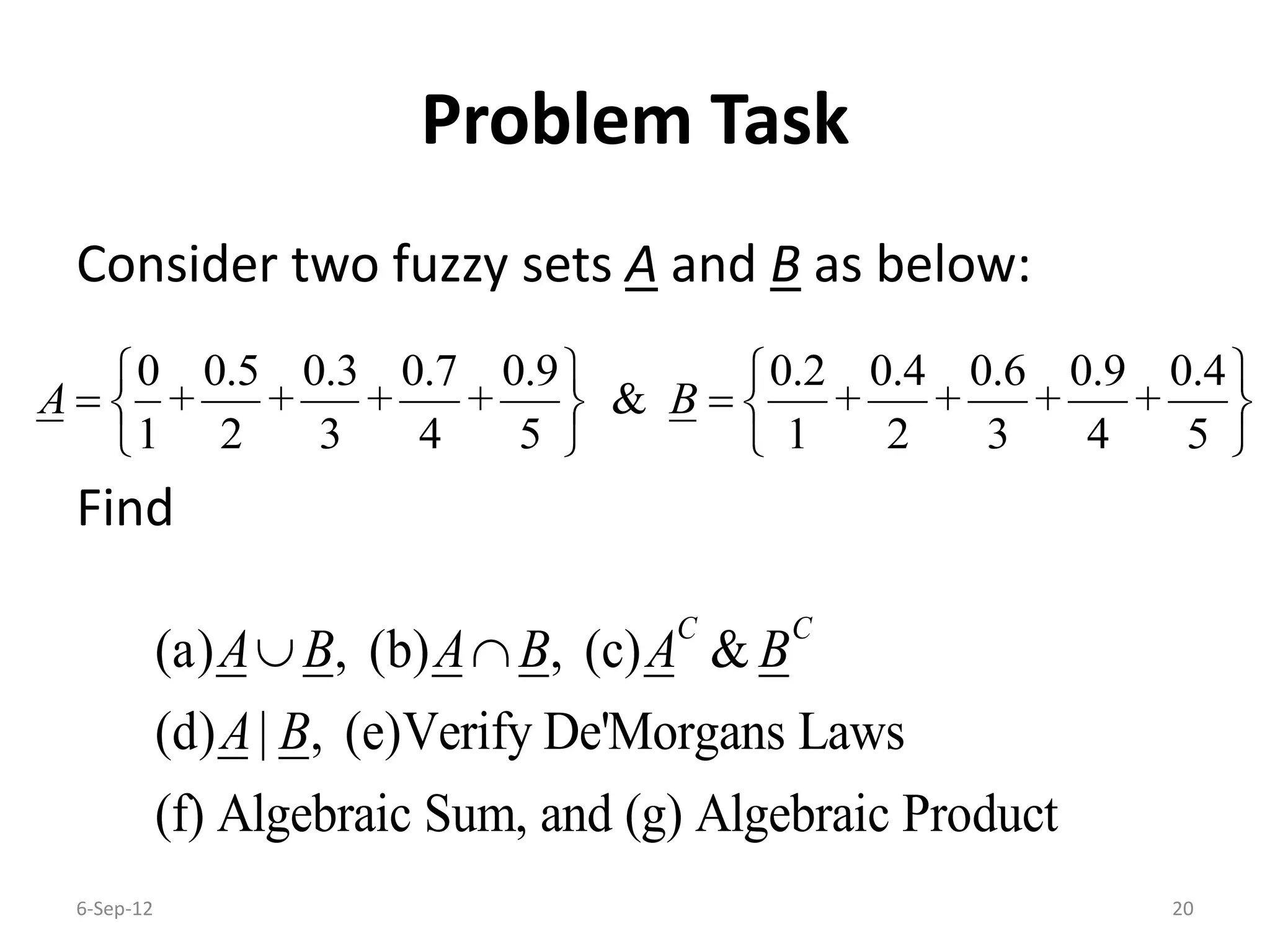 Problem Task
Consider two fuzzy sets A and B as below:
Find
6-Sep-12 20
0 0.5 0.3 0.7 0.9 0.2 0.4 0.6 0.9 0.4
+ + + + & + + + +
1 2 3 4 5 1 2 3 4 5
A B
   
    
   
(a) , (b) , (c) &
(d) | , (e)Verify De'Morgans Laws
(f) Algebraic Sum, and (g) Algebraic Product
C C
A B A B A B
A B
 
 