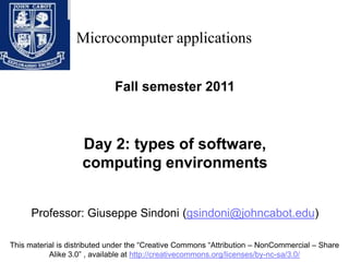 Microcomputer applications Fall semester 2011 Day 2: types of software, computing environments Professor: Giuseppe Sindoni (gsindoni@johncabot.edu) This material is distributed under the “Creative Commons “Attribution – NonCommercial – Share Alike 3.0” , available at http://creativecommons.org/licenses/by-nc-sa/3.0/ 
