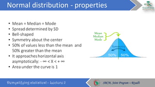 Normal	distribution	- properties
Demystifying statistics! – Lecture 2 SBCM, Joint Program – RiyadhSBCM, Joint Program – Riyadh
• Mean	=	Median	=	Mode
• Spread determined	by	SD
• Bell-shaped
• Symmetry	about	the	center
• 50%	of	values	less	than	the	mean		and	
50%	greater	than	the	mean
• It	approaches	horizontal	axis	
asymptotically:	- ∞	<	X	<	+	∞
• Area	under	the	curve	is	1
 