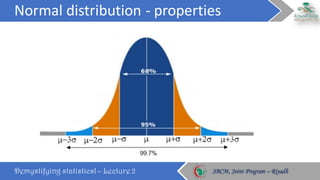 Normal	distribution	- properties
Demystifying statistics! – Lecture 2 SBCM, Joint Program – RiyadhSBCM, Joint Program – Riyadh
 