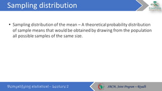 Sampling	distribution
Demystifying statistics! – Lecture 2 SBCM, Joint Program – RiyadhSBCM, Joint Program – Riyadh
• Sampling	distribution	of	the	mean	– A	theoretical	probability	distribution	
of	sample	means	that	would	be	obtained	by	drawing	from	the	population	
all	possible	samples	of	the	same	size.
 