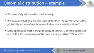 Binomial	distribution	– example
Demystifying statistics! – Lecture 2 SBCM, Joint Program – RiyadhSBCM, Joint Program – Riyadh
• We	essentially	ask	ourselves	the	following:
• If	we	assume	that	new	therapy	is	no	better	than	the	current	what	is	the	
probability	we	would	see	these	results	by	chance	variation	alone?
• More	specifically	what	is	the	probability	of	seeing	16	or	more	successes	
out	of	40	if	the	success	rate	of	the	new	therapy	is	.20	or	20%	as	well?	
 