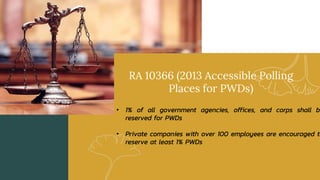 RA 10366 (2013 Accessible Polling
Places for PWDs)
• 1% of all government agencies, offices, and corps shall be
reserved for PWDs
• Private companies with over 100 employees are encouraged to
reserve at least 1% PWDs
 