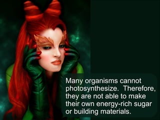 Many organisms cannot
photosynthesize. Therefore,
they are not able to make
their own energy-rich sugar
or building materials.
 