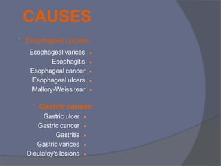 CAUSES
 Esophageal causes:

Esophageal varices

Esophagitis

Esophageal cancer

Esophageal ulcers

Mallory-Weiss tear
 Gastric causes:

Gastric ulcer

Gastric cancer

Gastritis

Gastric varices

Dieulafoy's lesions
 