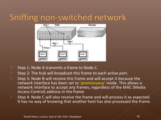  Step 1: Node A transmits a frame to Node C.
 Step 2: The hub will broadcast this frame to each active port.
 Step 3: Node B will receive this frame and will accept it because the
network interface has been set to 'promiscuous' mode. This allows a
network interface to accept any frames, regardless of the MAC (Media
Access Control) address in the frame
 Step 4: Node C will also receive the frame and will process it as expected.
It has no way of knowing that another host has also processed the frame.
Rushdi Shams, Lecturer, Dept of CSE, KUET, Bangladesh 16
 