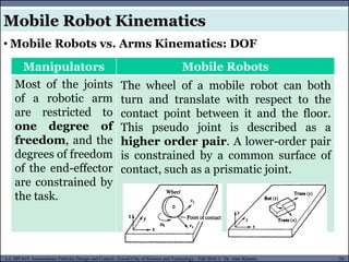 MUSES_SECRET: ORF-RE Project - © PAMI Research Group – University of Waterloo 79/22
79
L2, SPC418: Autonomous Vehicles Design and Control- Zewail City of Science and Technology - Fall 2016 © Dr. Alaa Khamis
Manipulators Mobile Robots
Most of the joints
of a robotic arm
are restricted to
one degree of
freedom, and the
degrees of freedom
of the end-effector
are constrained by
the task.
The wheel of a mobile robot can both
turn and translate with respect to the
contact point between it and the floor.
This pseudo joint is described as a
higher order pair. A lower-order pair
is constrained by a common surface of
contact, such as a prismatic joint.
• Mobile Robots vs. Arms Kinematics: DOF
Mobile Robot Kinematics
 
