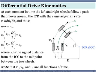 MUSES_SECRET: ORF-RE Project - © PAMI Research Group – University of Waterloo 85/22
85
L2, SPC418: Autonomous Vehicles Design and Control- Zewail City of Science and Technology - Fall 2016 © Dr. Alaa Khamis
At each moment in time the left and right wheels follow a path
that moves around the ICR with the same angular rate
=d/dt, and thus:
CR
v
R 
.

where R is the signed distance
from the ICC to the midpoint
between the two wheels.
Note that vL, vR, and R are all functions of time.
Differential Drive Kinematics
R
L
v
D
R
v
D
R
















2
.
2
.


 