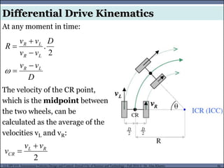 MUSES_SECRET: ORF-RE Project - © PAMI Research Group – University of Waterloo 86/22
86
L2, SPC418: Autonomous Vehicles Design and Control- Zewail City of Science and Technology - Fall 2016 © Dr. Alaa Khamis
At any moment in time:
D
v
v
D
v
v
v
v
R
L
R
L
R
L
R






2
.
The velocity of the CR point,
which is the midpoint between
the two wheels, can be
calculated as the average of the
velocities vL and vR:
2
R
L
CR
v
v
v


Differential Drive Kinematics
 