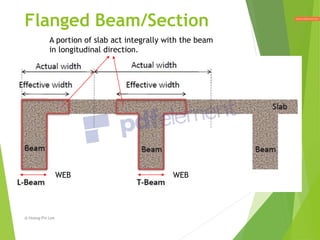 Flanged Beam/Section
A portion of slab act integrally with the beam
in longitudinal direction.
WEB
WEB
@ Hoong-Pin Lee
 