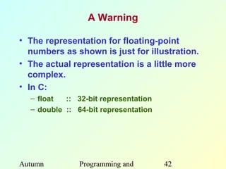 A Warning

• The representation for floating-point
  numbers as shown is just for illustration.
• The actual representation is a little more
  complex.
• In C:
  – float  :: 32-bit representation
  – double :: 64-bit representation




Autumn         Programming and        42
 