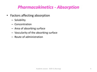 Pharmacokinetics - Absorption
• Factors affecting absorption
– Solubility
– Concentration
– Area of absorbing surface
– Vascularity of the absorbing surface
– Route of administration
Academic session: 2020-21 (Nursing) 6
 