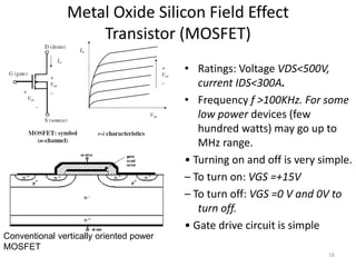 Metal Oxide Silicon Field Effect
Transistor (MOSFET)
• Ratings: Voltage VDS<500V,
current IDS<300A.
• Frequency f >100KHz. For some
low power devices (few
hundred watts) may go up to
MHz range.
• Turning on and off is very simple.
– To turn on: VGS =+15V
– To turn off: VGS =0 V and 0V to
turn off.
• Gate drive circuit is simple
Conventional vertically oriented power
MOSFET
16
 