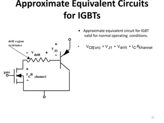 Approximate Equivalent Circuits
for IGBTs
gate
drift region
resistance
V
J1
V
drift
I R
C channel
• Approximate equivalent circuit for IGBT
valid for normal operating conditions.
• VCE(on) = VJ1 + Vdrift + IC Rchannel
20
 
