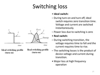 Switching loss
• Ideal switch:
– During turn-on and turn off, ideal
switch requires zero transition time.
Voltage and current are switched
instantaneously.
– Power loss due to switching is zero
• Real switch:
– During switching transition, the
voltage requires time to fall and the
current requires time to rise.
– The switching losses is the product of
device voltage and current during
transition.
• Major loss at high frequency
operation
27
 