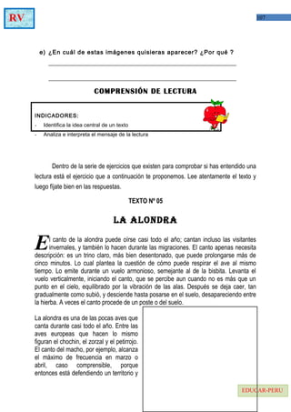 107RV
EDUCAR-PERU
e) ¿En cuál de estas imágenes quisieras aparecer? ¿Por qué ?
________________________________________________________________
________________________________________________________________
COMPRENSIÓN DE LECTURA
INDICADORES:
- Identifica la idea central de un texto
- Analiza e interpreta el mensaje de la lectura
Dentro de la serie de ejercicios que existen para comprobar si has entendido una
lectura está el ejercicio que a continuación te proponemos. Lee atentamente el texto y
luego fíjate bien en las respuestas.
TEXTO Nº 05
LA ALONDRA
l canto de la alondra puede oírse casi todo el año; cantan incluso las visitantes
invernales, y también lo hacen durante las migraciones. El canto apenas necesita
descripción: es un trino claro, más bien desentonado, que puede prolongarse más de
cinco minutos. Lo cual plantea la cuestión de cómo puede respirar el ave al mismo
tiempo. Lo emite durante un vuelo armonioso, semejante al de la bisbita. Levanta el
vuelo verticalmente, iniciando el canto, que se percibe aun cuando no es más que un
punto en el cielo, equilibrado por la vibración de las alas. Después se deja caer, tan
gradualmente como subió, y desciende hasta posarse en el suelo, desapareciendo entre
la hierba. A veces el canto procede de un poste o del suelo.
E
La alondra es una de las pocas aves que
canta durante casi todo el año. Entre las
aves europeas que hacen lo mismo
figuran el chochin, el zorzal y el petirrojo.
El canto del macho, por ejemplo, alcanza
el máximo de frecuencia en marzo o
abril, caso comprensible, porque
entonces está defendiendo un territorio y
 