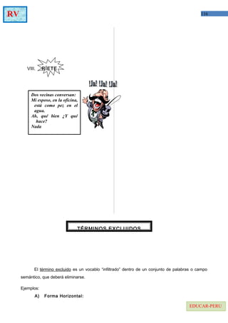 116RV
EDUCAR-PERU
VIII. RÍETE
El término excluido es un vocablo “infiltrado” dentro de un conjunto de palabras o campo
semántico, que deberá eliminarse.
Ejemplos:
A) Forma Horizontal:
Dos vecinas conversan:
Mi esposo, en la oficina,
está como pez en el
agua.
Ah, qué bien ¿Y qué
hace?
Nada
TÉRMINOS EXCLUIDOS
 