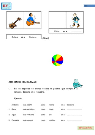 122RV
EDUCAR-PERU
COMO
ACCIONES EDUCATIVAS
I. En los espacios en blanco escribe la palabra que completa la
relación. Búscala en el recuadro.
Ejemplo:
Andamio es a albañil como horma es a zapatero
1.
2.
3.
Sierra
Aguja
Escopeta
es a carpintero
es a costurera
es a cazador
como
como
como
horno
olla
revólver
es a
es a
es a
...............................
...............................
...............................
Guitarra es a Cantante
Pelota es a ....................
 