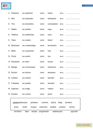 123RV
EDUCAR-PERU
4.
5.
6.
7.
8.
9.
10.
11.
12.
13.
14.
15.
16.
17.
18.
19.
Podadora
Red
Tina
Silbato
Teléfono
Tijera
Barómetro
Biblia
Pincel
Estudiante
Biólogo
Escritor
Leñador
Futbolista
Ingeniero
Escultor
es a jardinero
es a pescador
es a lavandera
es a árbitro
es a telefonista
es a sastre
es a metereólogo
es a sacerdote
es a pintor
es a libro
es a microscopio
es a pluma
es a hacha
es a pelota
es a regla
es a cincel
como
como
como
como
como
como
como
como
como
como
como
como
como
como
como
como
tractor
extinguidor
computadora
capa
carro
bisturí
termómetro
fusil
tiza
locutor
astrónomo
peluquero
barredor
domador
médico
pintor
es a
es a
es a
es a
es a
es a
es a
es a
es a
es a
es a
es a
es a
es a
es a
es a
...............................
...............................
...............................
...............................
...............................
...............................
...............................
...............................
...............................
...............................
...............................
...............................
...............................
...............................
...............................
...............................
zapaterotelescopio panadero cocinera policía látigo bombero
torero chofer cirujano enfermera soldado profesor brocha
micrófono tijera escoba programador estetoscopio agricultor
 