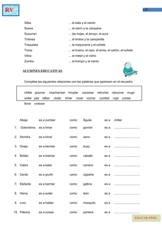 129RV
EDUCAR-PERU
Silba ... la bala y el viento
Suena ... el clarín y la campana
Susurran ... las hojas, el arroyo, el aura
Tintinea ... el timbre y la campanilla
Traquetea ... la maquinaria y el cohete
Trona ... el trueno, el rayo, el arma, el cañón, el cohete
Vibra ... el metal y el vidrio
Zumba ... el trompo y el viento
ACCIONES EDUCATIVAS
Completa las siguientes relaciones con las palabras que aparecen en el recuadro.
chillar graznar chacharrear himplar cacarear relinchar rebuznar mugir
aullar piar silbar ulular trinar croar voznar zumbar rugir zurear
llorar crotorar
Abeja es a zumbar como Águila es a chillar
1.
2.
3.
4.
5.
6.
7.
8.
9.
10.
Golondrina
Alondra
Oveja
Búfalo
Cabra
Cerdo
Elefante
Hiena
Loro
Paloma
es a trinar
es a trinar
es a berrear
es a bramar
es a balar
es a gruñir
es a barritar
es a aullar
es a hablar
es a zurear
como
como
como
como
como
como
como
como
como
como
gorrión
asno
buey
caballo
canario
cigüeña
gallina
león
mosquito
pantera
es a
es a
es a
es a
es a
es a
es a
es a
es a
es a
...............................
...............................
...............................
...............................
...............................
...............................
...............................
...............................
...............................
...............................
 