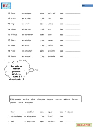130RV
EDUCAR-PERU
11.
12.
13.
14.
15.
16.
17.
18.
19.
Pato
Ratón
Tigre
Jabalí
Cuervo
Zorro
Pollo
Gato
Perro
es a parpar
es a chillar
es a rugir
es a arruar
es a crascitar
es a tautear
es a piar
es a maullar
es a ladrar
como
como
como
como
como
como
como
como
como
pavo real
rana
urraca
lobo
búho
ganso
paloma
cocodrilo
serpiente
es a
es a
es a
es a
es a
es a
es a
es a
es a
...............................
...............................
...............................
...............................
...............................
...............................
...............................
...............................
...............................
Chisporrotear rechinar silbar chasquear crepitar susurrar reventar detonar
golpear vibrar borbotear
Rayo es a estallar como agua es a borbotear
1.
2.
Ametralladora
Ola
es a traquetear
es a reventar
como
como
trueno
dinamita
es a
es a
...............................
...............................
Los objetos
también
producen
sonidos...
¡Como la
dinamita que...!
 