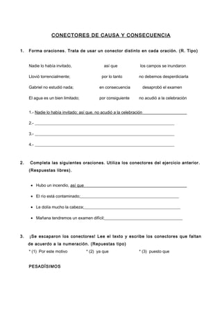 CONECTORES DE CAUSA Y CONSECUENCIA
1. Forma oraciones. Trata de usar un conector distinto en cada oración. (R. Tipo)
Nadie lo había invitado, así que los campos se inundaron
Llovió torrencialmente; por lo tanto no debemos desperdiciarla
Gabriel no estudió nada; en consecuencia desaprobó el examen
El agua es un bien limitado; por consiguiente no acudió a la celebración
1.- Nadie lo había invitado; así que, no acudió a la celebración ____
2.- ____________________________________________________________________
3.- ____________________________________________________________________
4.- ____________________________________________________________________
2. Completa las siguientes oraciones. Utiliza los conectores del ejercicio anterior.
(Respuestas libres).
• Hubo un incendio, así que ____
• El río está contaminado;________________________________________________
• Le dolía mucho la cabeza;_______________________________________________
• Mañana tendremos un examen difícil;______________________________________
3. ¡Se escaparon los conectores! Lee el texto y escribe los conectores que faltan
de acuerdo a la numeración. (Repuestas tipo)
* (1) Por este motivo * (2) ya que * (3) puesto que
PESADÍSIMOS
 