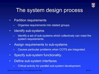 The system design processPartition requirementsOrganise requirements into related groups.  Identify sub-systemsIdentify a set of sub-systems which collectively can meet the system requirements.Assign requirements to sub-systemsCauses particular problems when COTS are integrated.Specify sub-system functionality.Define sub-system interfacesCritical activity for parallel sub-system development.