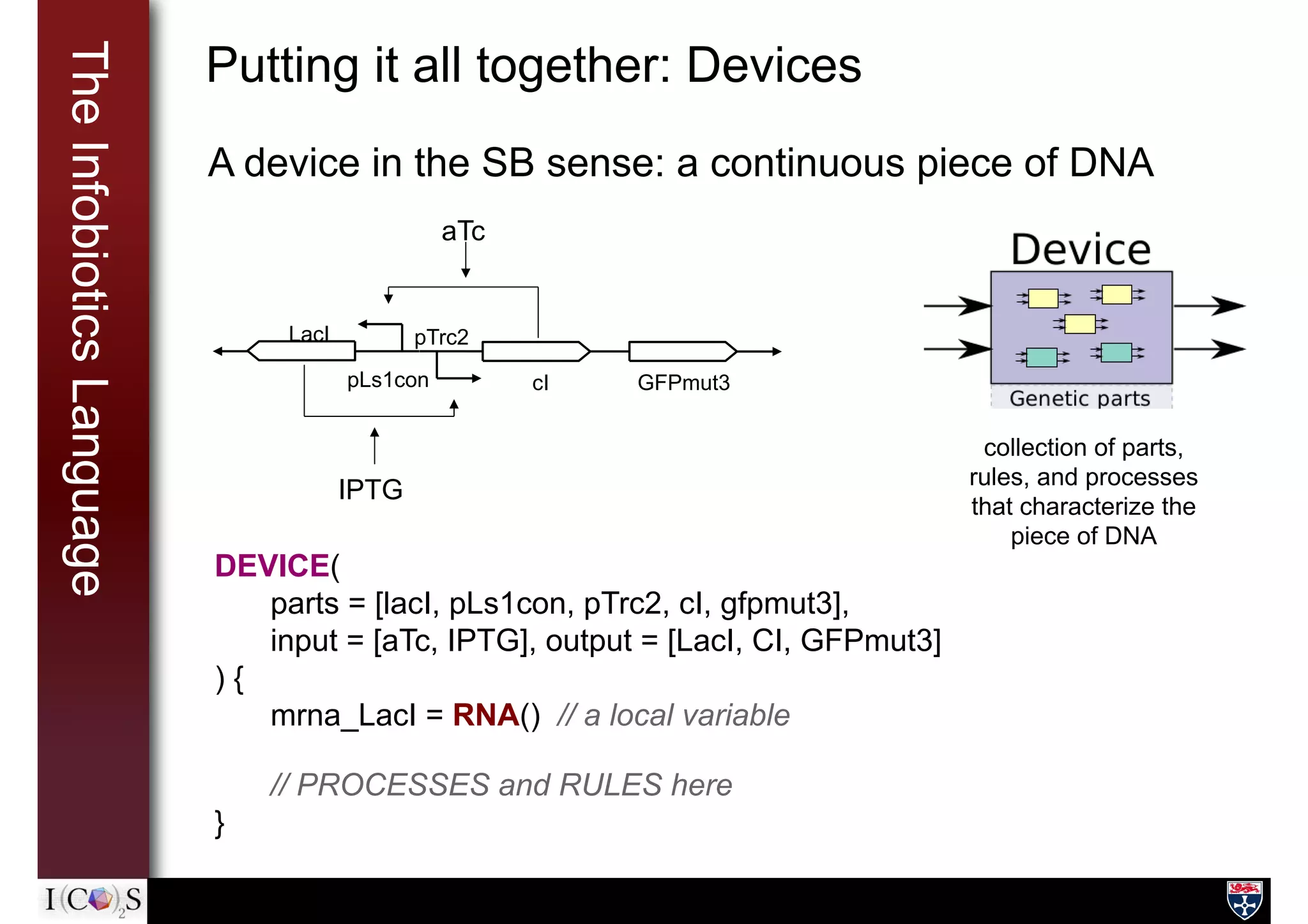 TheInfobioticsLanguage Putting it all together: Devices
A device in the SB sense: a continuous piece of DNA
DEVICE(
parts = [lacI, pLs1con, pTrc2, cI, gfpmut3],
input = [aTc, IPTG], output = [LacI, CI, GFPmut3]
) {
mrna_LacI = RNA() // a local variable
// PROCESSES and RULES here
}
GFPmut3cI
LacI pTrc2
pLs1con
IPTG
aTc
collection of parts,
rules, and processes
that characterize the
piece of DNA
 
