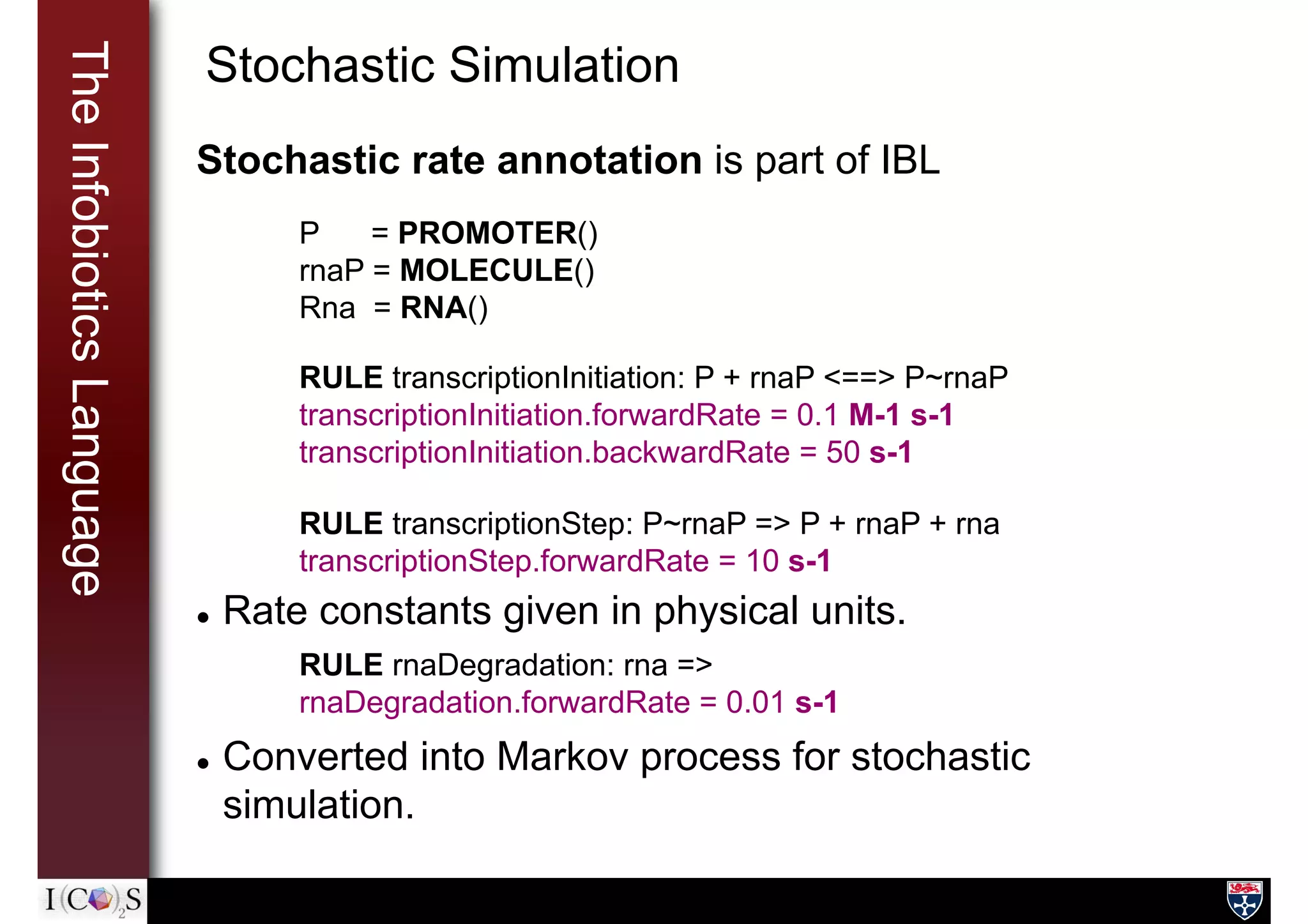 TheInfobioticsLanguage Stochastic Simulation
Stochastic rate annotation is part of IBL
l  Rate constants given in physical units.
l  Converted into Markov process for stochastic
simulation.
P = PROMOTER()
rnaP = MOLECULE()
Rna = RNA()
RULE transcriptionInitiation: P + rnaP <==> P~rnaP
transcriptionInitiation.forwardRate = 0.1 M-1 s-1
transcriptionInitiation.backwardRate = 50 s-1
RULE transcriptionStep: P~rnaP => P + rnaP + rna
transcriptionStep.forwardRate = 10 s-1
RULE rnaDegradation: rna =>
rnaDegradation.forwardRate = 0.01 s-1
 
