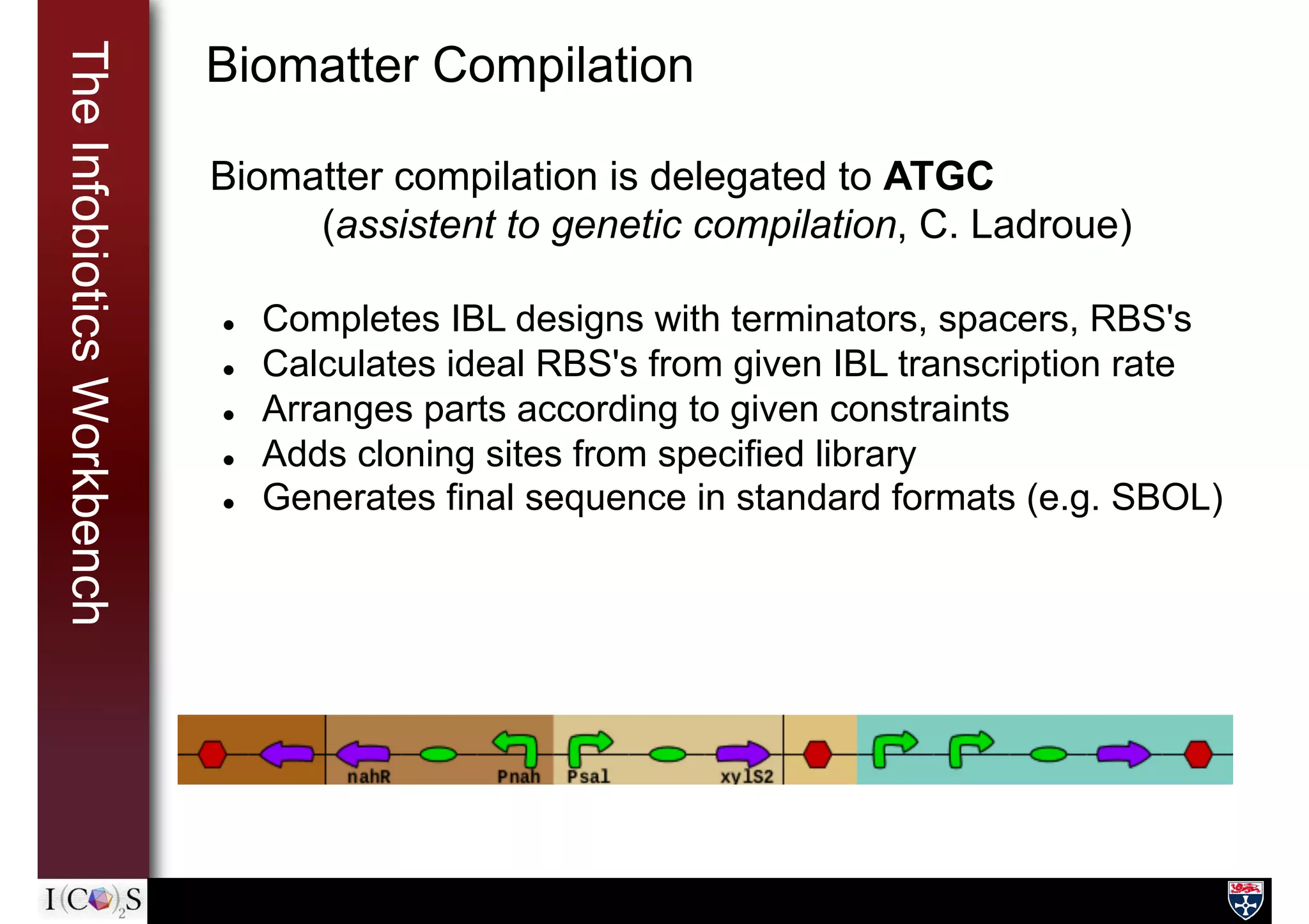 TheInfobioticsWorkbench Biomatter Compilation
Biomatter compilation is delegated to ATGC
(assistent to genetic compilation, C. Ladroue)
l  Completes IBL designs with terminators, spacers, RBS's
l  Calculates ideal RBS's from given IBL transcription rate
l  Arranges parts according to given constraints
l  Adds cloning sites from specified library
l  Generates final sequence in standard formats (e.g. SBOL)
 