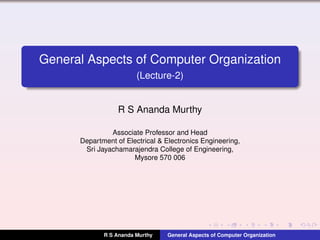 General Aspects of Computer Organization
(Lecture-2)
R S Ananda Murthy
Associate Professor
Department of Electrical & Electronics Engineering,
Sri Jayachamarajendra College of Engineering,
Mysore 570 006
R S Ananda Murthy General Aspects of Computer Organization
 