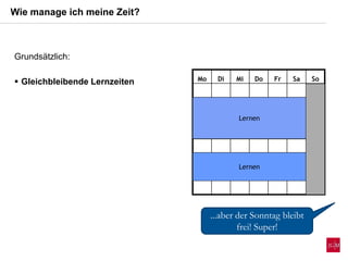 Wie manage ich meine Zeit?
Mo Di Mi Do Fr Sa So
Lernen
Lernen
...aber der Sonntag bleibt
frei! Super!
Grundsätzlich:
 Gleichbleibende Lernzeiten
 